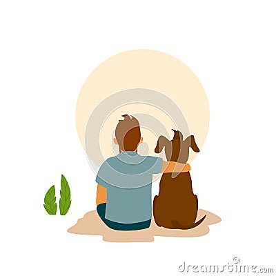 Man and his best friend dog cuddle hug, backside view Vector Illustration