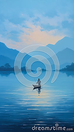 The Man and His Boat on a Misty Lake Stock Photo