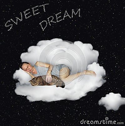 Man with his cat sleeping on a cloud 3 Stock Photo