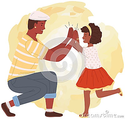 Man and his child in casual clothes greeting each other. Father and daughter give five and rejoice Vector Illustration