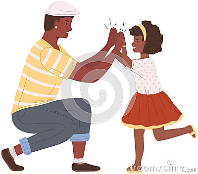 Man and his child in casual clothes greeting each other. Father and daughter give five and rejoice Vector Illustration