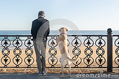 A man with his dog leaning on a railing watching the sea in the background Stock Photo