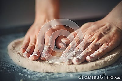 A man with his hands rolls out homemade pizza dough, lying on a dark baking tray. Cooking at home Stock Photo