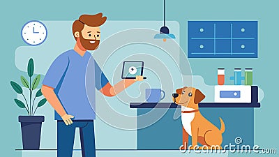 A man in his kitchen using a pet health monitor device to check his dogs temperature while in a video call with the vet Vector Illustration