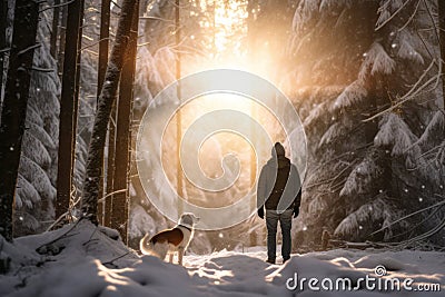 A man and his pet dog walking though a snowy forest on sunny winter day. Adventurous young man and his dog on a walk. Hiking and Stock Photo