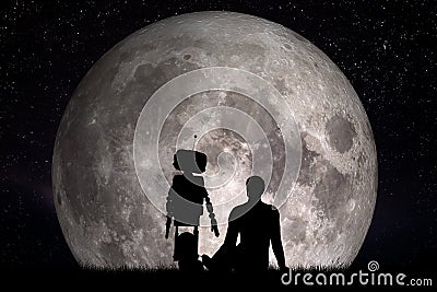 Man and his robot friend looking on moon. Future concept, artificial intelligence Stock Photo