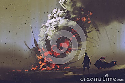 the man with his vehicle looking at bomb explosion on the ground Cartoon Illustration