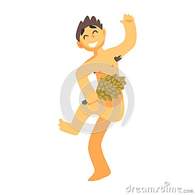 Man Hitting Himself With Bunch Of Green Birch Tree Twigs, Part Of Russian Steam House Series Of Flat Funny Cartoon Vector Illustration