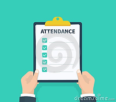 Man hold Attendance clipboard with checklist. Questionnaire, survey, clipboard, task list. Flat design, vector Vector Illustration