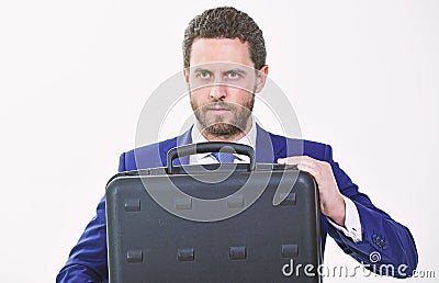 Man hold briefcase. Business profit. Commercial offer. Businessman demonstrate briefcase. Business conference. Business Stock Photo