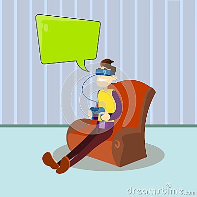 Man Hold Console Remote Control Wear Digital Glasses In Armchair Play Computer Video Game Chat Bubble Vector Illustration