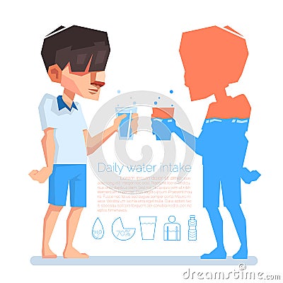 A man hold a glass in his hand, Daily water intake, Vector info-graphic illustration. Vector Illustration