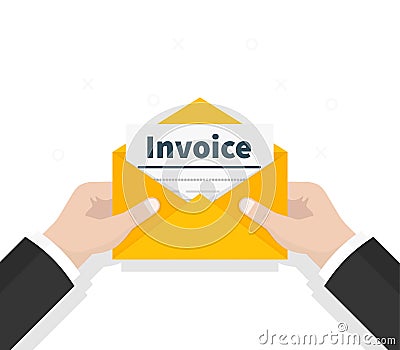 Man hold in hand invoice in envelope. Email message. The official document is received in the mail. Checking Invoice Vector Illustration