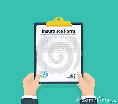 Man hold Insurance form clipboard with checklist. Questionnaire, survey, clipboard, task list. Flat design, vector Vector Illustration