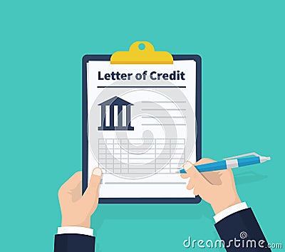 Man hold letter of credit. Holding the clipboard and pen in hand. Paperwork, sheets in folder. Vector illustration. Vector Illustration