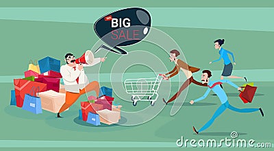 Man Hold Megaphone People Running Black Friday Big Sale Holiday Shopping Vector Illustration