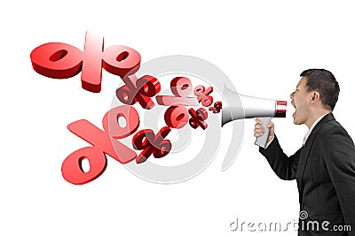 Man hold megaphone with percentage marks spraying out Stock Photo
