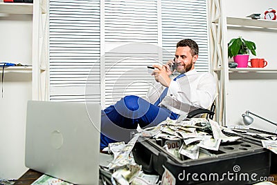 Man hold plastic bank card. Man successful businessman phone conversation ask service. Businessman rich bearded guy sit Stock Photo