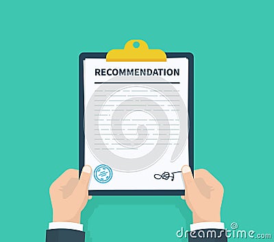 Man hold recommendation clipboard with checklist. Questionnaire, survey, clipboard, task list. Flat design, vector Vector Illustration