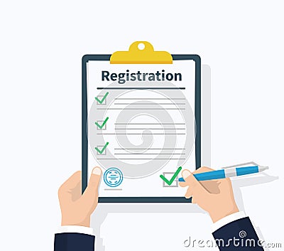 Man hold Registration clipboard with checklist. Man hold in hand clipboard agreement. Flat design, vector illustration Vector Illustration