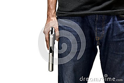 A man hold and resting firearm beside body Stock Photo