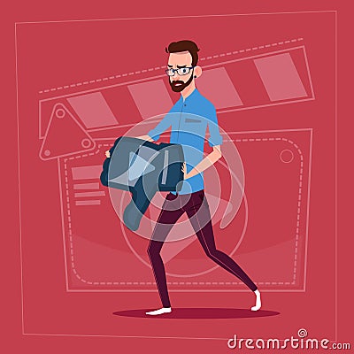 Man Hold Thumb Down Modern Video Blogger Vlog Creator Channel Dislike Vector Illustration