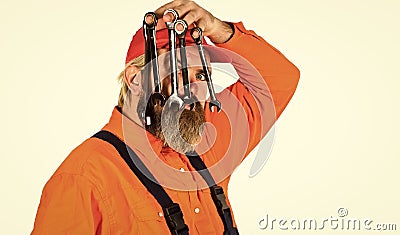 Man hold wrench tools. Wrench tool fixing tightening details. Most mechanics specialize in particular field, such as air Stock Photo