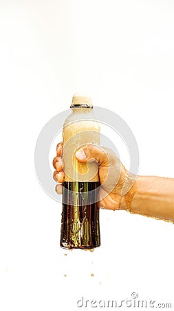 Man holding an aerated soft drink on white background Stock Photo