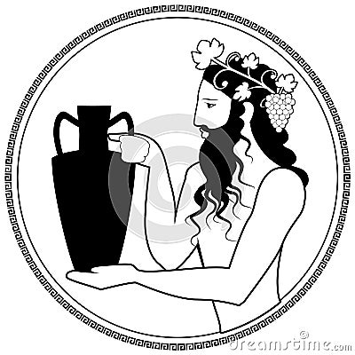 Man holding an amphora, wearing crown of grape leaves and bunches of grapes. Representation of the god Dionysus. Greek circular Vector Illustration