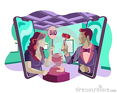 Man Holding Antique Auction and Woman Places Bid Online Museum Flat Illustration Style Concept Vector Illustration