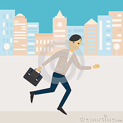 Man Holding a Bag Running along Office Buildings Vector Illustration