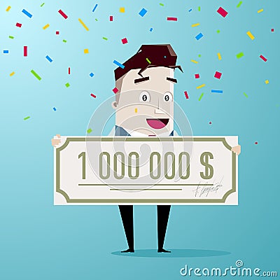Man holding a bank check for a million dollars: Lottery winner Vector Illustration