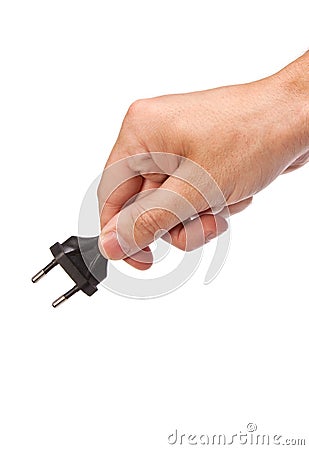 Man is holding a black outlet in the hand Stock Photo
