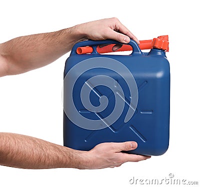 Man holding blue canister on white, closeup Stock Photo
