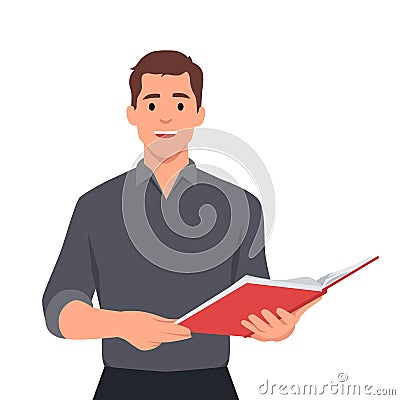 Man is holding a book in his hand. Teaching class or reading for exam Cartoon Illustration