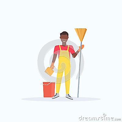 Man holding broom african american guy cleaner sweeping floor cleaning service housekeeping concept full length flat Vector Illustration