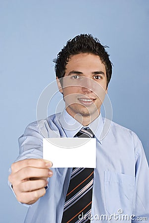 Man holding a business card Stock Photo