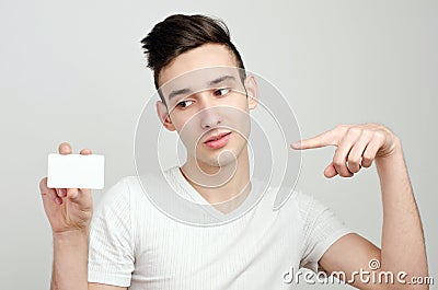 Man holding business card. Stock Photo