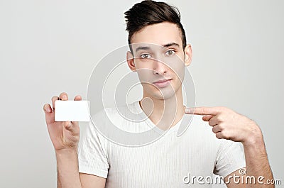 Man holding a business card. Stock Photo