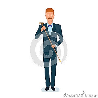 Man holding cane with binoculars, for watch spectacle and movies. Vector Illustration