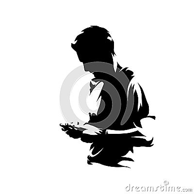 Man holding cell phone and typing message, abstract isolated vector silhouette. Ink drawing, side view Vector Illustration