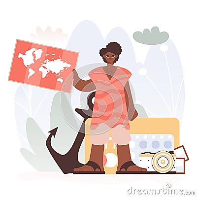 Man Holding a Chart, Uncovering Progressed Skylines, Getting a handle on the Endeavor of Travel and the Ask of Looking Vector Illustration