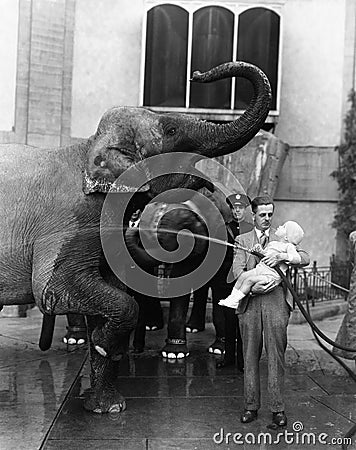 Man holding child and washing elephant Stock Photo