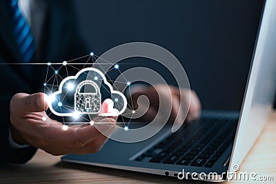 man holding cloud computing diagram show on hand. Data storage.Cloud technology.Secure backup and consistency Networking and Stock Photo