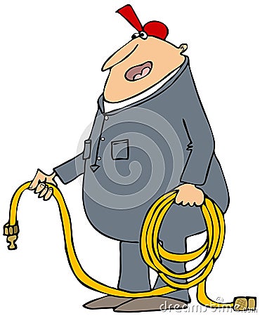 Man holding a coiled air hose Cartoon Illustration