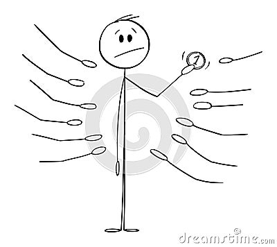 Man Holding Coin, Outstretched Palms or Hands Asking for Money , Vector Cartoon Stick Figure Illustration Vector Illustration