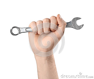 Man holding combination wrench isolated on white, closeup Stock Photo