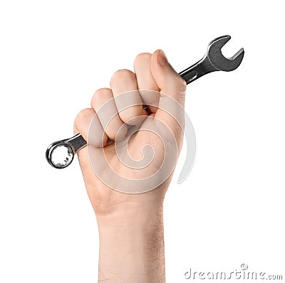 Man holding combination wrench isolated on white. Plumbing tools Stock Photo