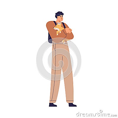 Man holding cute dog in hands, walking. Pet owner carrying small doggy in arms and going. Person with lovely puppy Vector Illustration