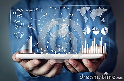 Man holding digital tablet. Financial statistics, business graphs, social network and connection. Future and finance concept Stock Photo